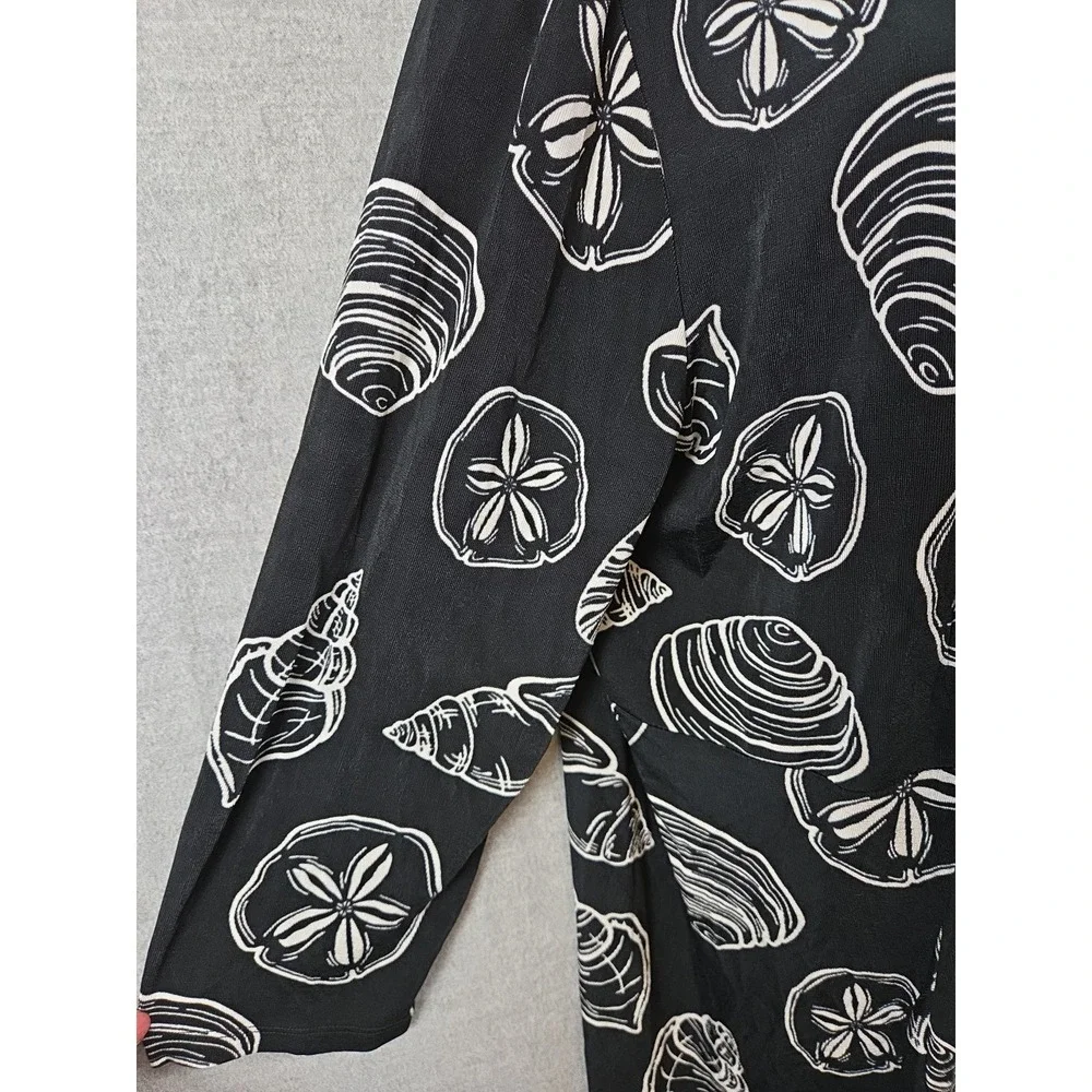 CHICOS‎ Travelers 2 Size L SEASHELLS Sandollar Open Cardigan Asymmetric Black